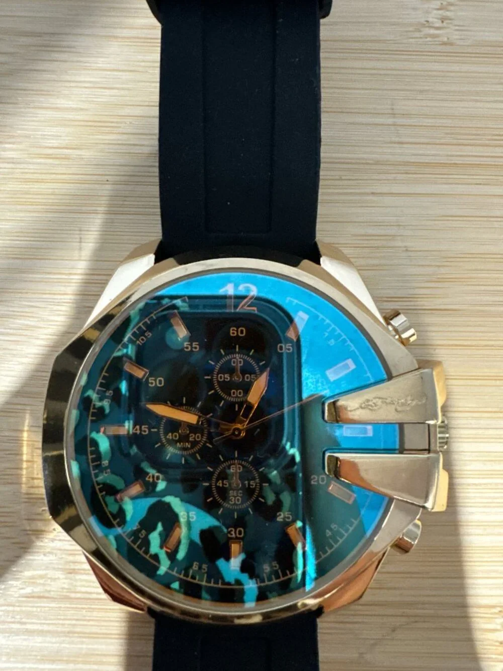 Ed Hardy Men's Gold Tone Watch Black Silicone Strap Yellow Crystal Quartz